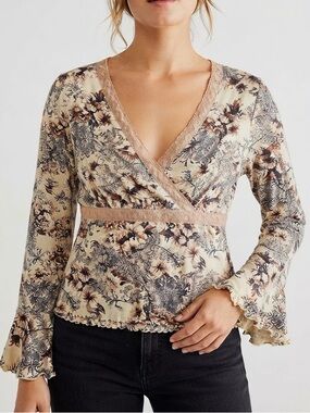 Vintage Apostrophe Floral Mesh Wrap Top XL Y2K Fairy Grunge Lettuce Trim Boho